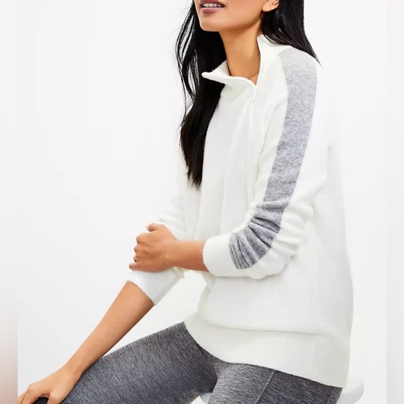 Lou & Grey Striped Sleeve Zip Turtleneck Sweater Sz Large - Picture 1 of 12